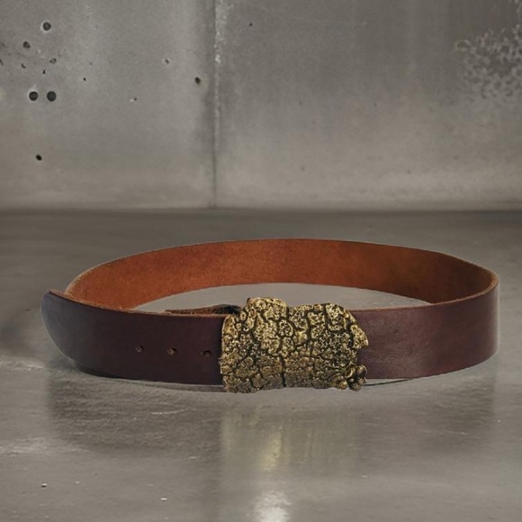 Vintage JB - crystallized gold - brass buckle brown leather belt sz 34 - Picture 1 of 12